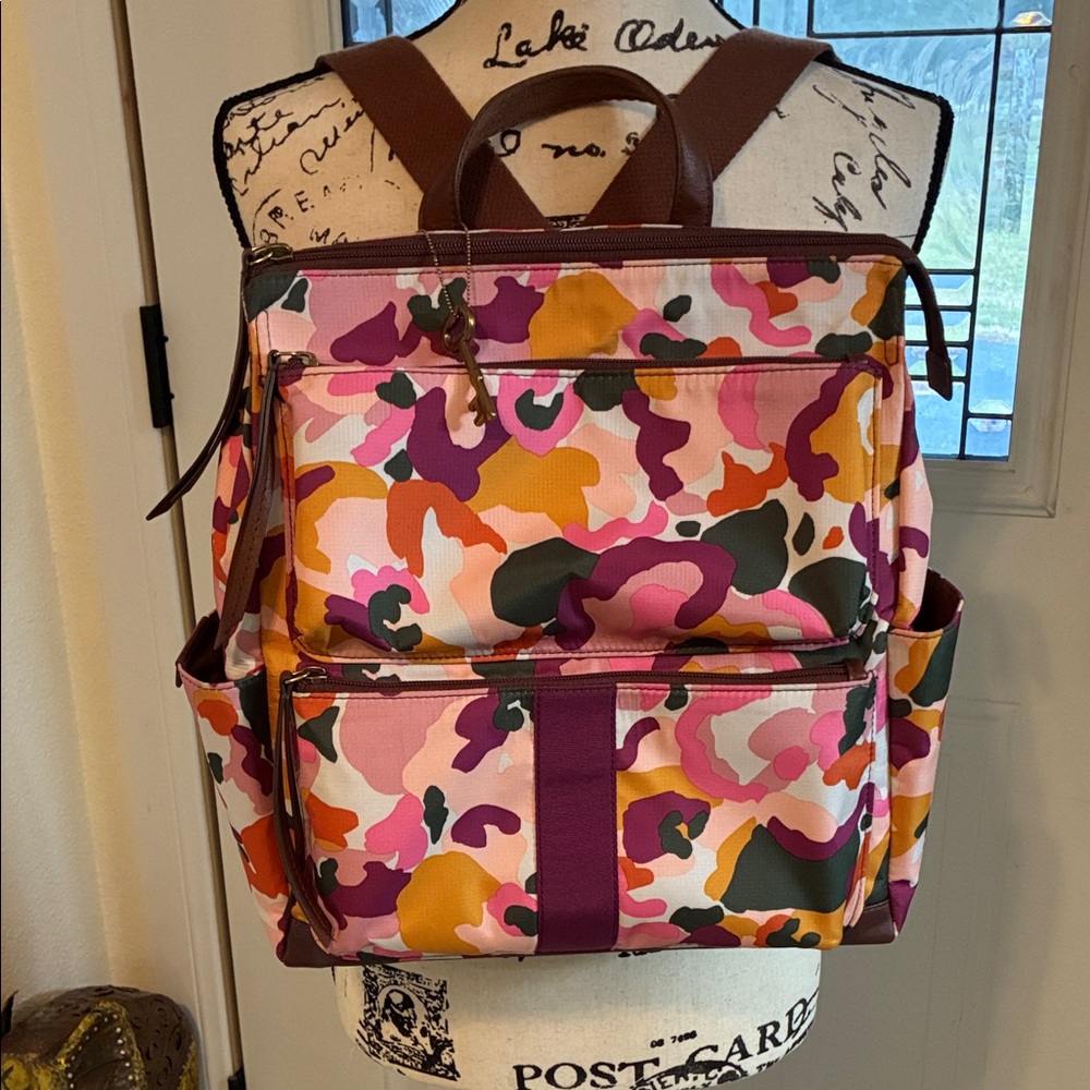 Large Fossil Camo Backpack. Featuring Gold Key Pendant on Colorful Pattern